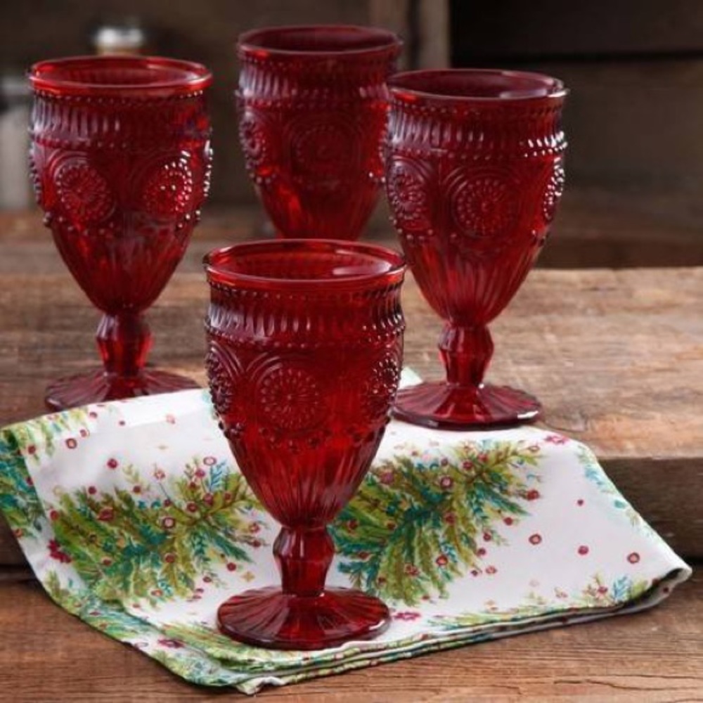 The Pioneer Woman Adeline Embossed Goblets, RED, 12-Ounces, Set of 4